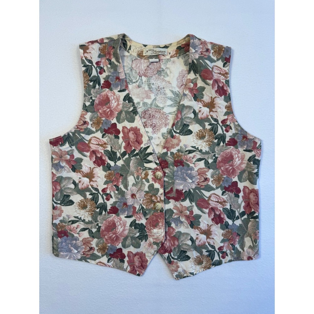 Cottagecore Norm‎ Thompson Womens Medium Vest Multicolor Floral Tapestry V-Neck